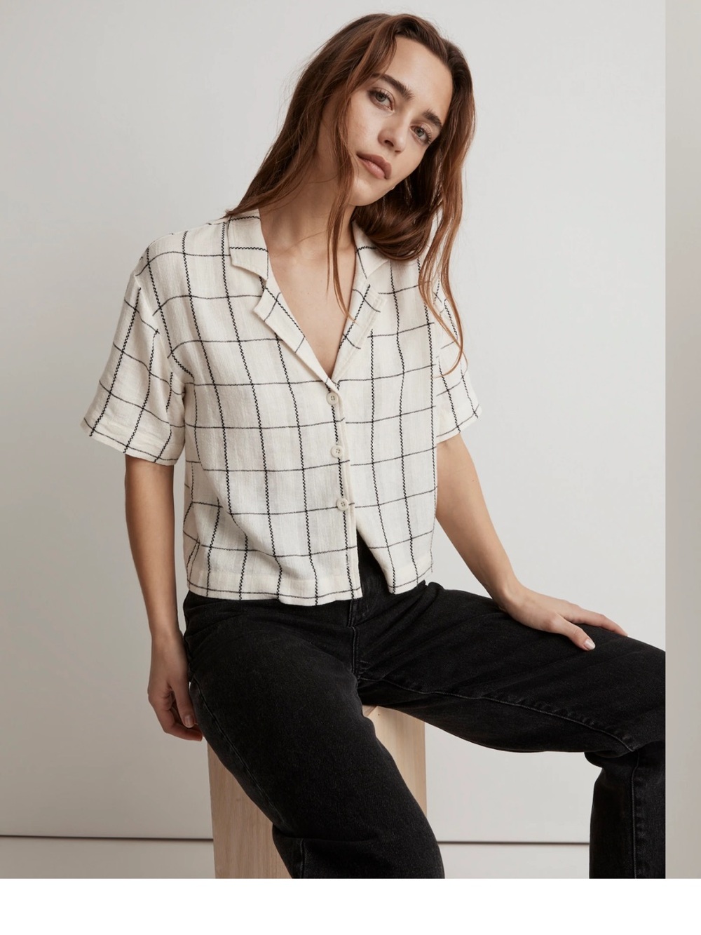 Madewell Linen-Blend Resort Crop Shirt in Windowpane, Antique Cream